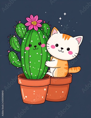 A cartoon cat hugging a cactus with a pink flower in a dark blue background
