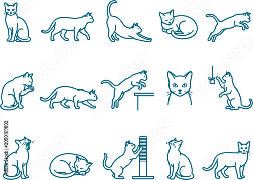 Domestic cat line art set featuring multiple poses such as stretching jumping and sitting