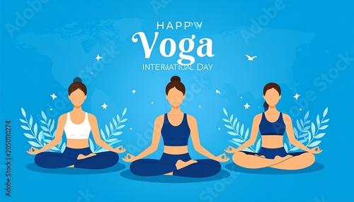 Illustration of three women in seated meditation poses, celebrating International Yoga Day. Sky-blue background