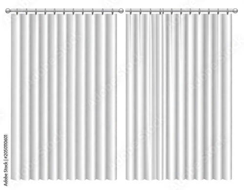 Illustration of two white, vertically-striped drapes hanging from silver rods. One is closed, while the other is slightly parted