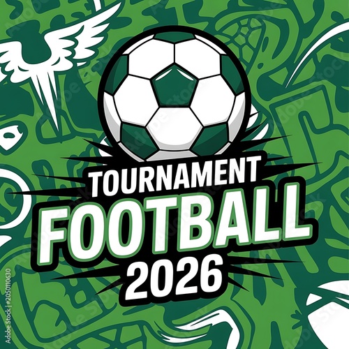 Tournament football 2026 illustration with soccer ball and wings on green background