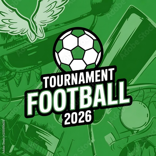 Tournament football 2026 green background illustration with soccer ball and text
