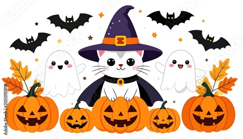 A cartoon cat wearing a witch hat sits among jack-o'-lanterns, ghosts, and autumn leaves on a white background