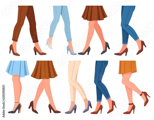 Illustration showcases a collection of diverse, fashionable lower bodies. Female figures walk, wearing different skirts, pants, and heels