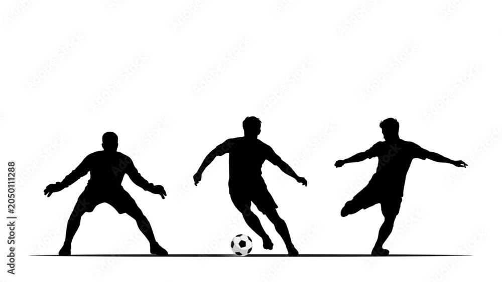 Obraz premium Three soccer players competing for a ball on a sports field Vector