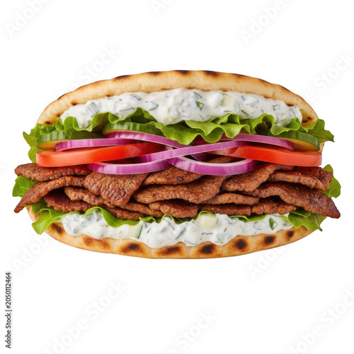 Juicy beef burger with fresh vegetables and sauce isolated on transparent background