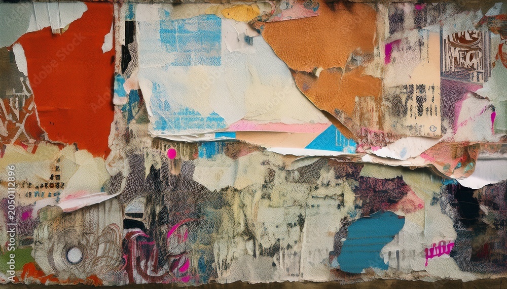 Naklejka premium weathered torn paper collage texture with distressed layers of ripped posters weathered street wall surface grunge abstract background for creative urban design and retro artistic concepts
