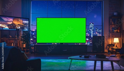 Interior night scene of a modern living room featuring a large green screen television with a cityscape backdrop. Cozy atmosphere