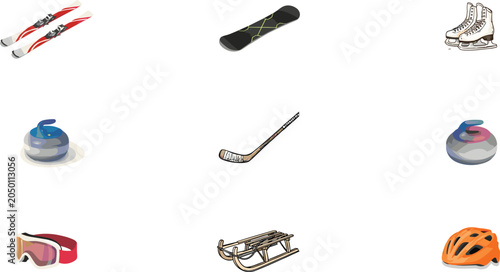 Canvas Print Winter Sports Equipment Collection Set with Skis, Snowboard, Ice Skates, Curling