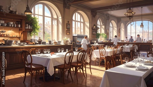 Interior of a classic restaurant, featuring tables set for dining, and chefs in a bustling kitchen area. Arched windows provide scenic views
