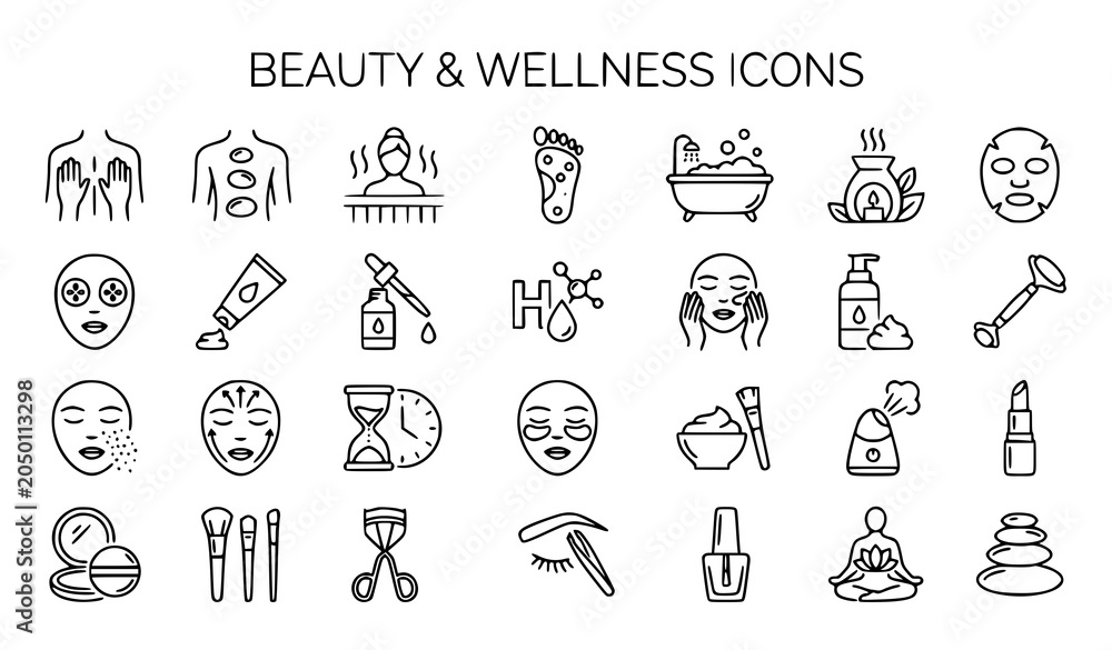 Naklejka premium Beauty Wellness and Spa Thin Outline Icons Pack Featuring Massage Sauna Serum and Skincare Elements