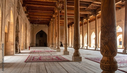 Interior perspective of a historic wooden-pillared building with intricate carvings, arched openings, and patterned rugs
