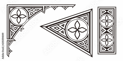 Gothic architectural corner and border ornaments set, vector
