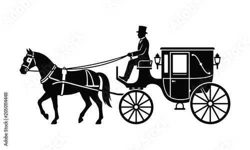 Black silhouette of a horse drawn carriage with a driver