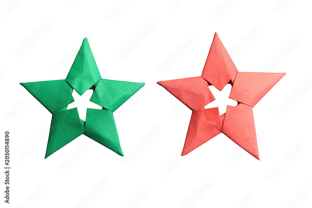 Obraz premium Green and red origami stars side by side on transparent background simple craft decorations symbolic objects.