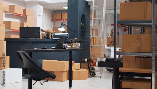 Interior shop or warehouse scene with cardboard boxes, desk, laptop, shelving, chair, and overhead lighting