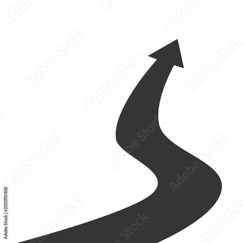 Minimalist curved arrow pointing upward, symbolizing growth, progress, success, direction, advancement, and future goals isolated on a clean white background.