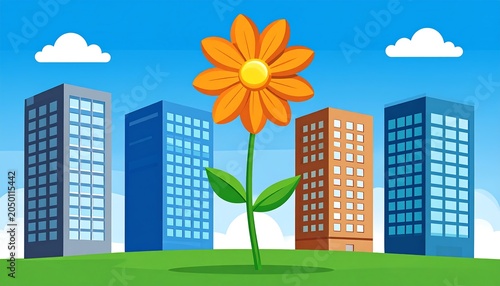 A cartoon cityscape with a large orange flower in the foreground