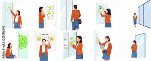 Schilderij op canvas Businesswoman Planning and Brainstorming with Sticky Notes on Glass Wall, Projec