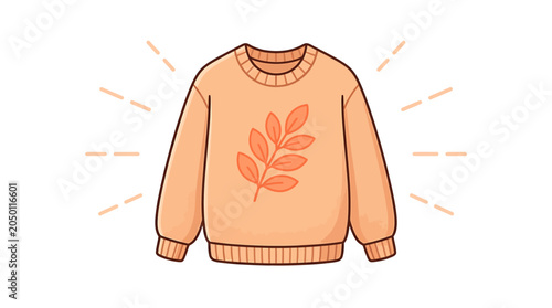 Cartoon illustration of orange sweater with leaf design on front  casual fashion clothing