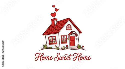 Cute cartoon house with red roof and hearts flying  home sweet home concept