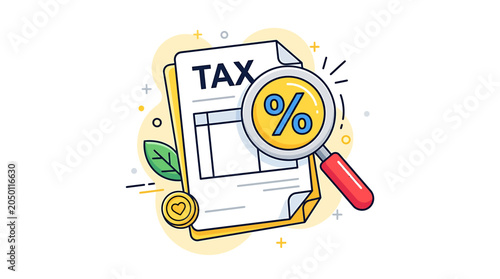 Tax document with magnifying glass and percentage sign analysis