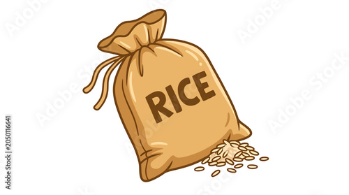 Brown paper bag of rice with some grains spilling out