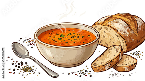 A bowl of tomato soup with bread and a spoon on a white background