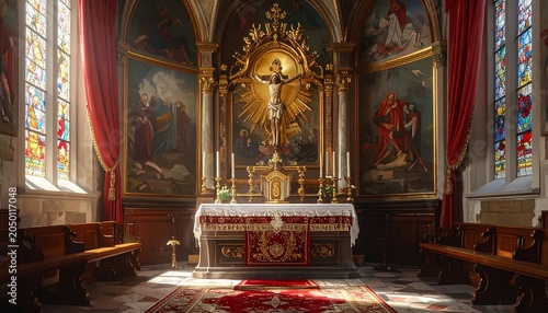 Interior view of a religious chapel with stained glass windows, a central altar, and ornate decorations