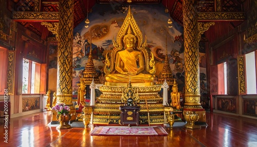 Interior view of a temple featuring a golden statue of a seated figure in front of a painted wall. Sunlight enters
