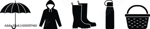 Fotografía Collection of outdoor adventure and rainy weather gear silhouettes with adventur