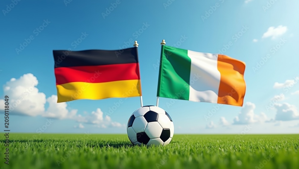 Fototapeta premium German and Irish flags displayed on poles beside a soccer ball on a green grass field under a clear blue sky with a few clouds in the background