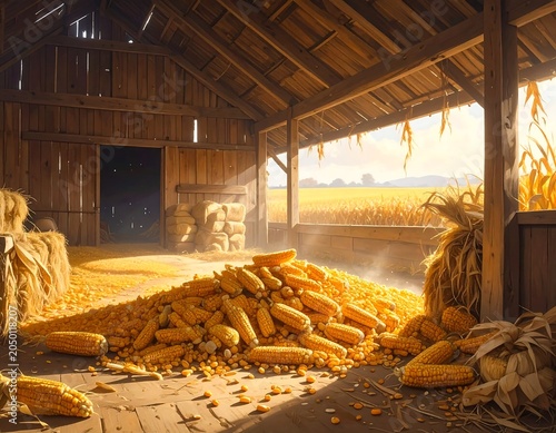 Interior view of a wooden barn filled with corn cobs, sunlight streams through openings, illuminating the harvest
