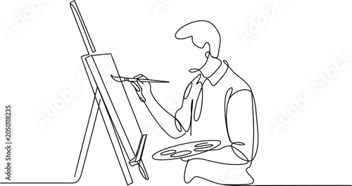 Black and white continuous line of a male artist with a brush and palette painting on an easel canvas 