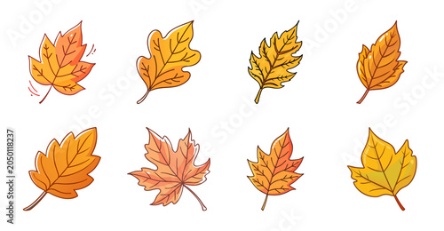 Colorful autumn leaves falling illustration - Brightly colored autumn leaves in a scattered arrangement, perfect for seasonal and nature-themed designs.