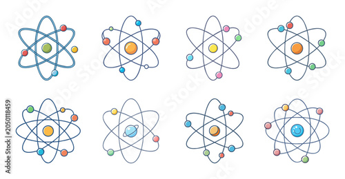 Colorful atomic particles and elements set - Bright vector illustration of atomic structures with protons, neutrons, and electrons in various colors, ideal for science and education.