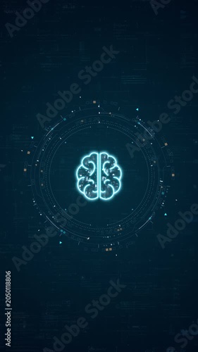 Motion graphic of vertical glowing brain interface with technology background, neural network data, and digital HUD for smart technology business branding.