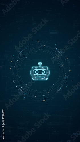 Motion graphic of vertical robot interface with chatbot icon, technology background, digital data HUD, and futuristic automation for business presentation.
