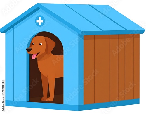A cartoon dog stands in the doorway of a blue and brown doghouse