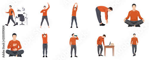 Fotografie Flat vector illustration set of a man performing office exercises, stretching, a