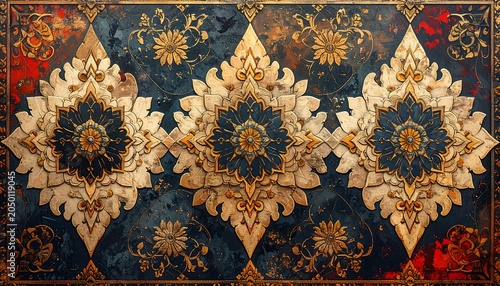 Intricate symmetrical tapestry featuring three central floral medallions, adorned with golden embellishments