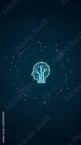 Motion graphic of vertical digital head interface with technology background, neural network lines, and glowing data HUD for business innovation presentations.