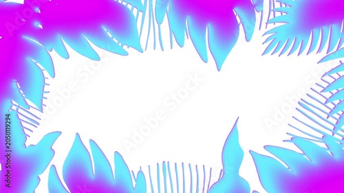 Animation of tropical leaves in neon colors on a white background. Retrowave effect with decorative tropical plants. Wild nature elements for video background decoration in 4K.