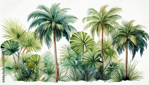 watercolor painting of palm trees with varied leaf structures isolated on white background tropical foliage
