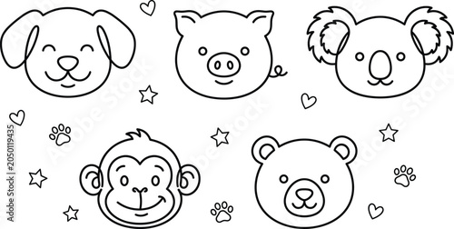 Photography Cute cartoon animal faces line art set featuring puppy dog pig koala monkey and