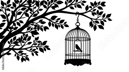 Φωτογραφία Birdcage Hanging From Branch With Leaves Black Silhouette