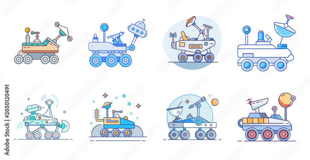 Naklejka premium Mars Rover and Space Exploration Vehicle Icons - Collection of futuristic rover vehicle illustrations designed for planetary exploration, scientific research, autonomous navigation, and space missions