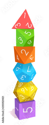 Canvas-taulu Stack of colorful polyhedral dice forming a tower for tabletop roleplaying games