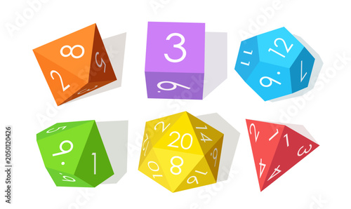 Canvas Print Set of colorful polyhedral dice for roleplaying board games, top view illustrati