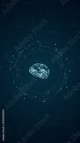 Motion graphic of vertical polygon brain interface with technology background, neural network data, and digital HUD for innovation and analytics branding.